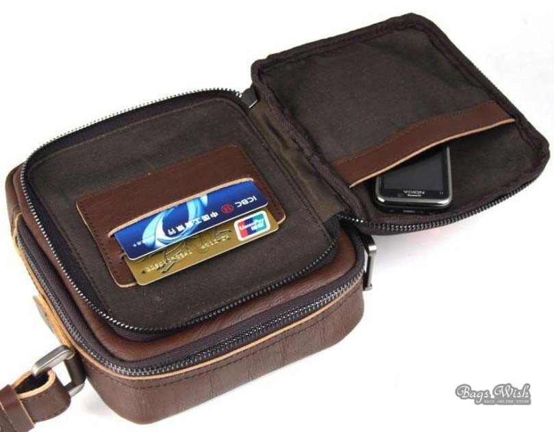 Small leather messenger bag, coffee waist pouch bag - BagsWish