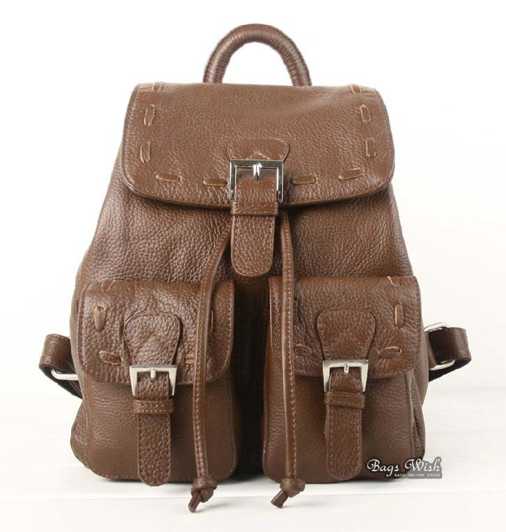Leather school backpack, brown leather strap backpack