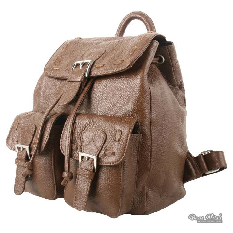 Leather school backpack, brown leather strap backpack