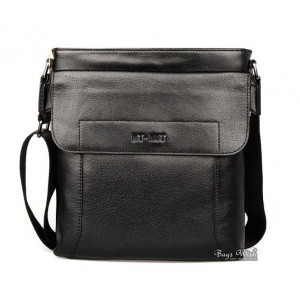 Black leather messenger bag for men