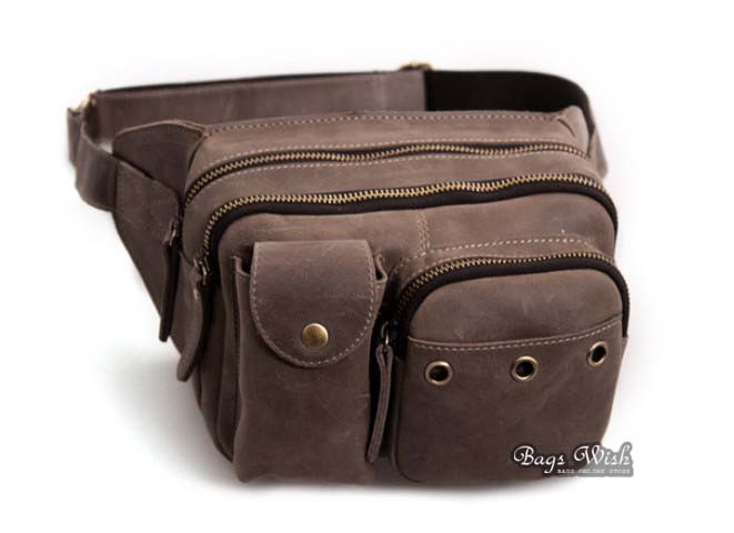 Leather waist bags for men, coffee leather waist purse - BagsWish