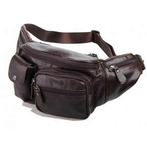 Men waist bag, coffee leather zipper pouch