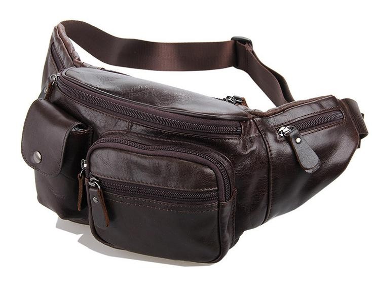 Men waist bag, coffee leather zipper pouch - BagsWish