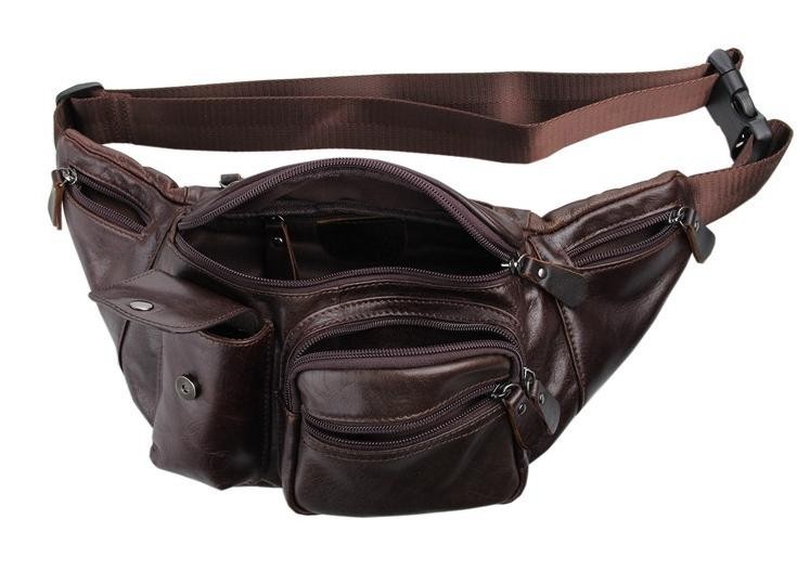 Men waist bag, coffee leather zipper pouch - BagsWish