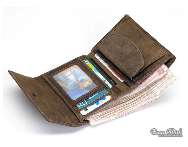Tri fold leather wallets for men, brown recycled leather wallet - BagsWish