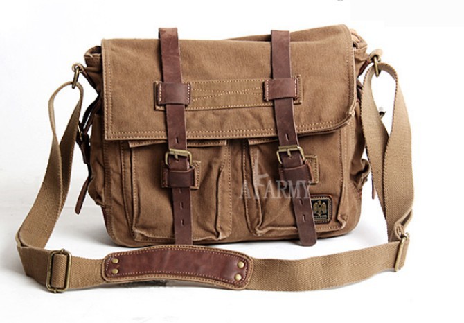 Canvas shoulder messenger bag, 14 inch laptop canvas leather satchel - BagsWish