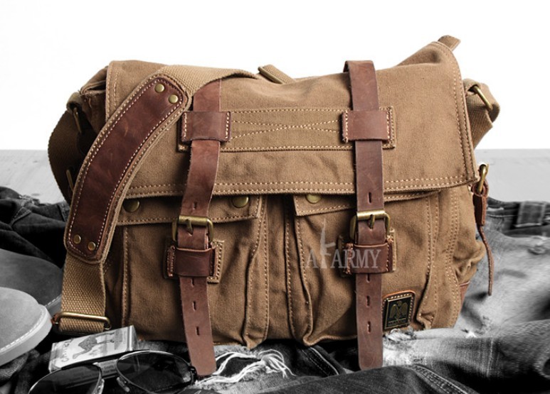 Canvas shoulder messenger bag, 14 inch laptop canvas leather satchel - BagsWish