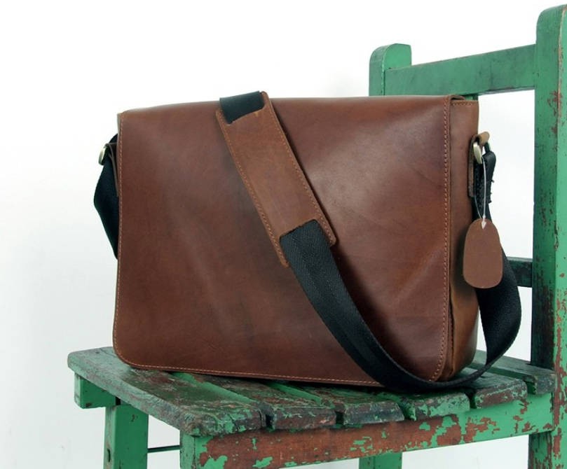 Leather messenger bags men, coffee leather flap over briefcase - BagsWish