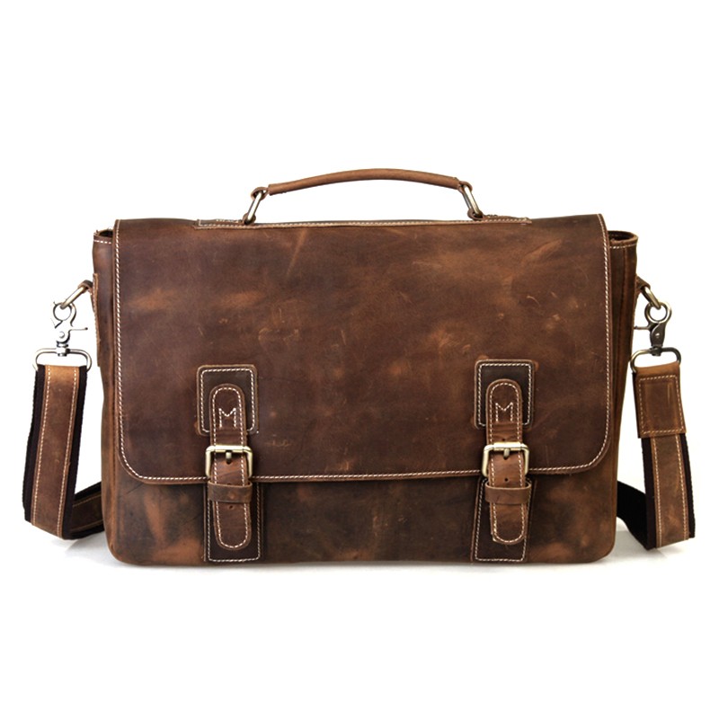 Vintage leather briefcase, coffee mens 14 laptop bag - BagsWish